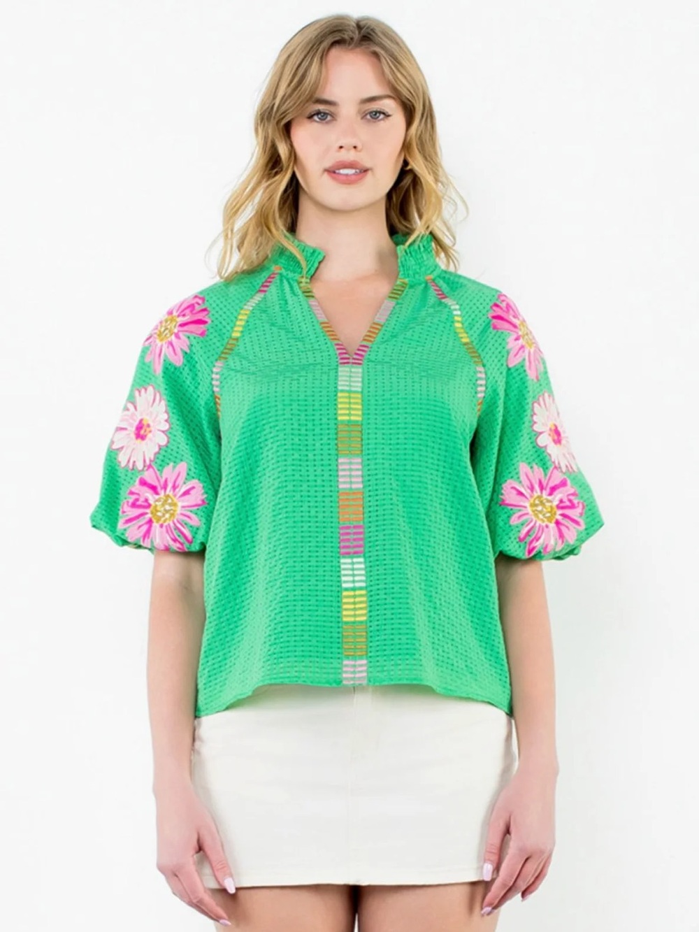 NWOT THML Puff Sleeve Embroidered Top